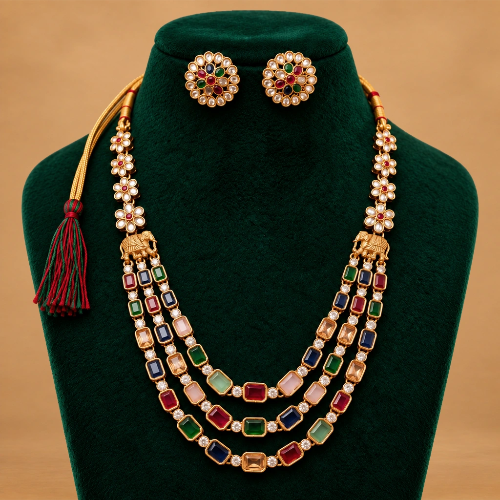 Royal Multicolour Kundan-Inspired Layered Necklace Set with Floral Earrings