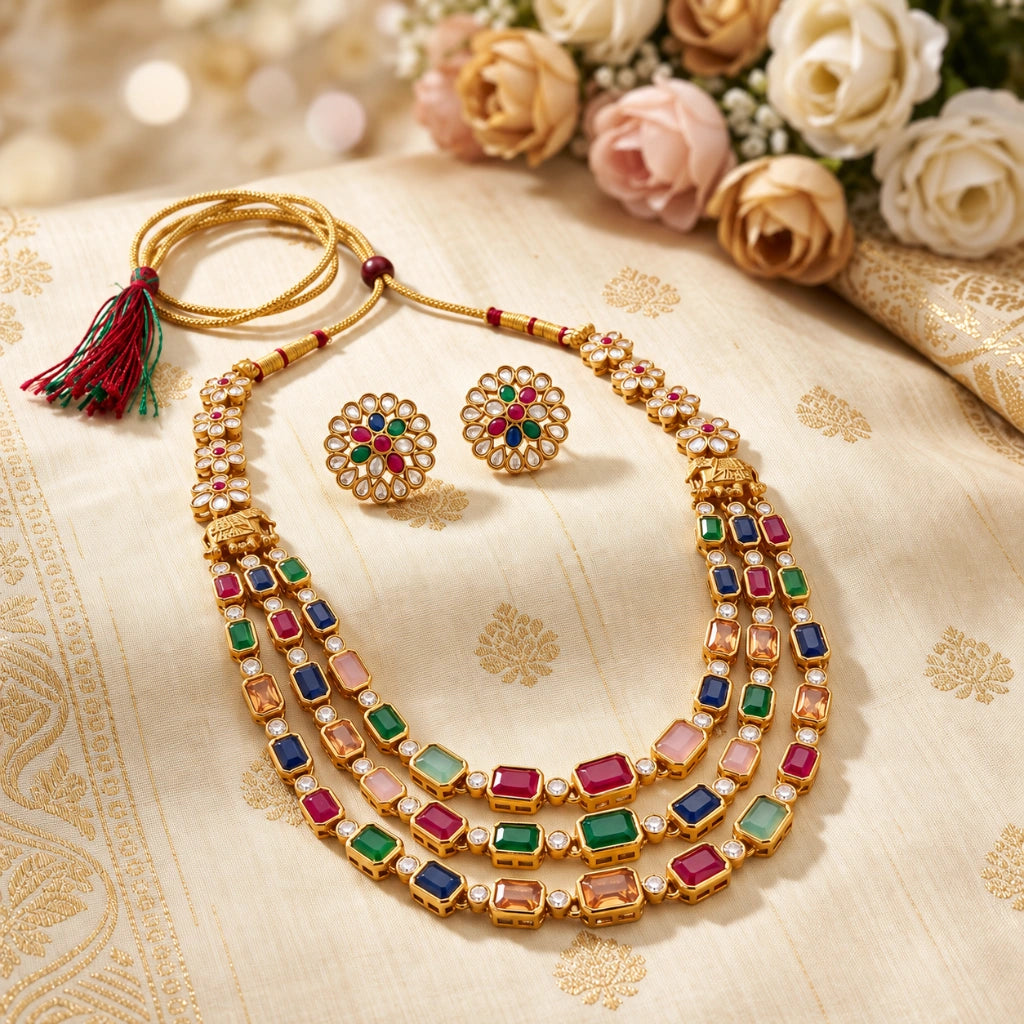 Royal Multicolour Kundan-Inspired Layered Necklace Set with Floral Earrings