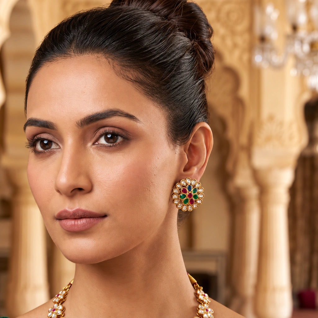 Royal Multicolour Kundan-Inspired Layered Necklace Set with Floral Earrings