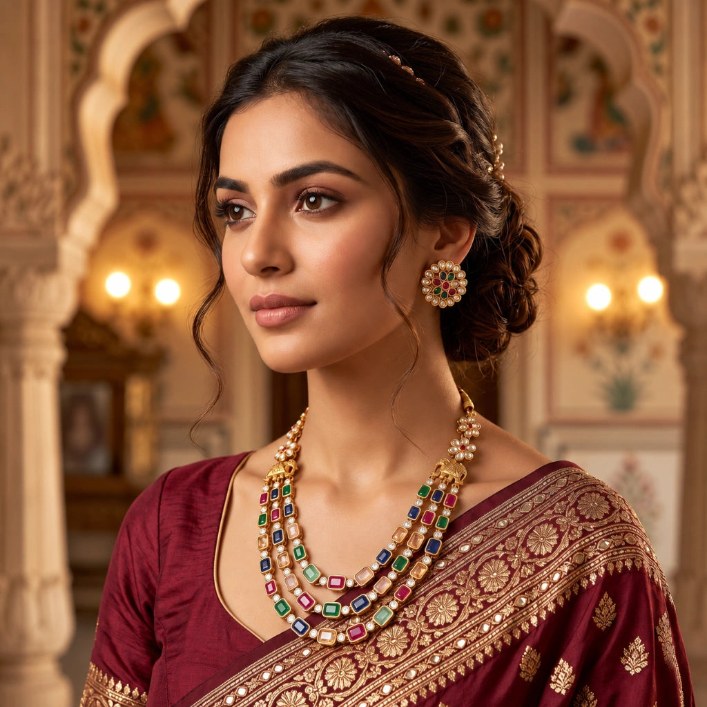 Royal Multicolour Kundan-Inspired Layered Necklace Set with Floral Earrings