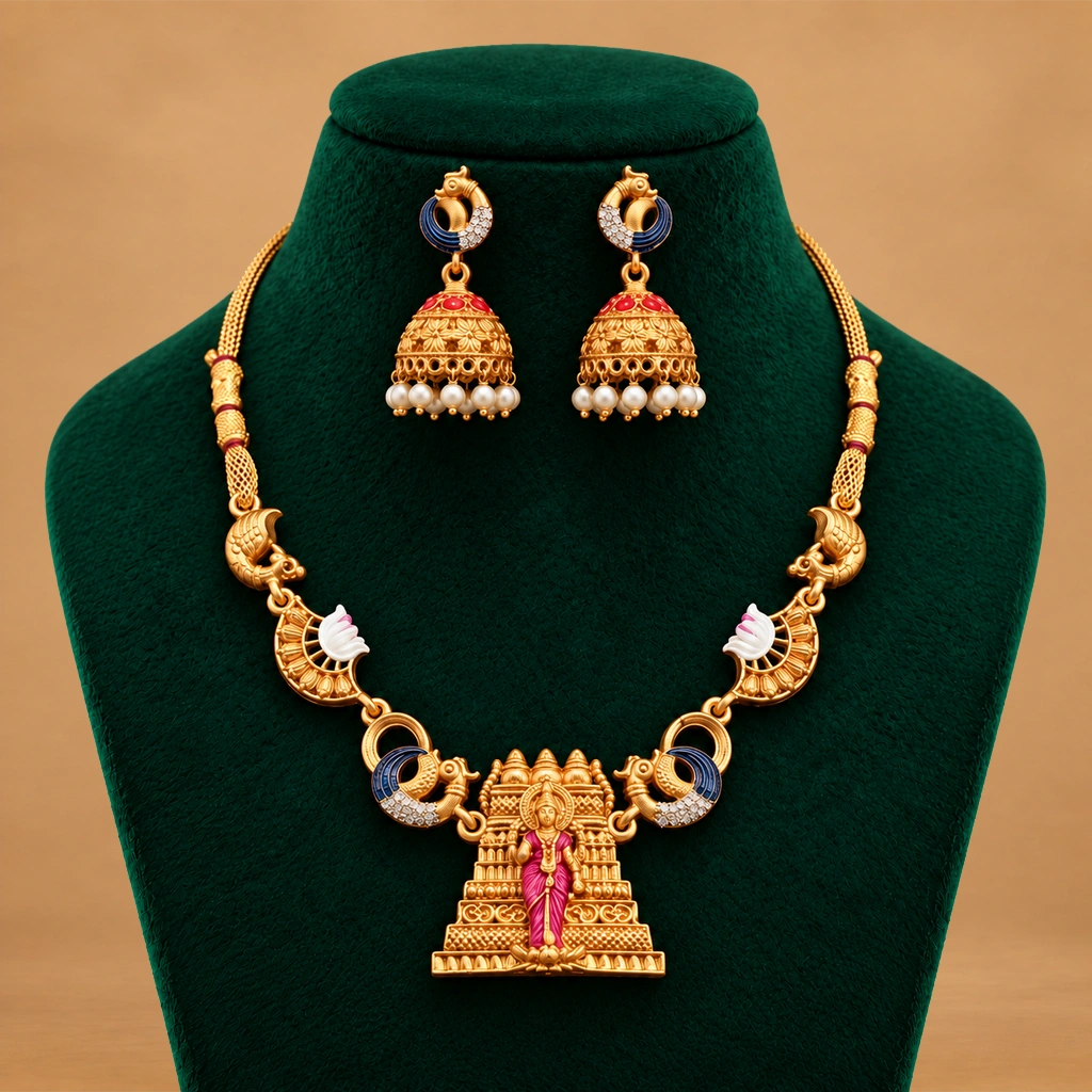 Lakshmi Temple Pendant Necklace Set with Peacock Details & Jhumka Earrings