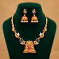 Lakshmi Temple Pendant Necklace Set with Peacock Details & Jhumka Earrings