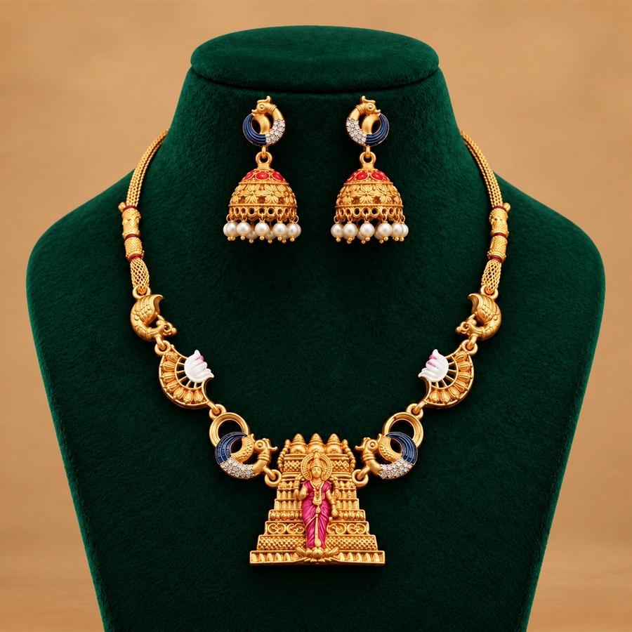 Lakshmi Temple Pendant Necklace Set with Peacock Details & Jhumka Earrings