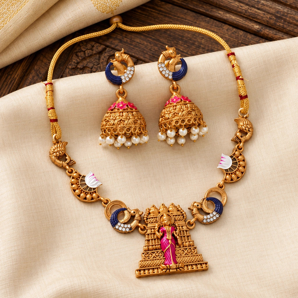 Lakshmi Temple Pendant Necklace Set with Peacock Details & Jhumka Earrings
