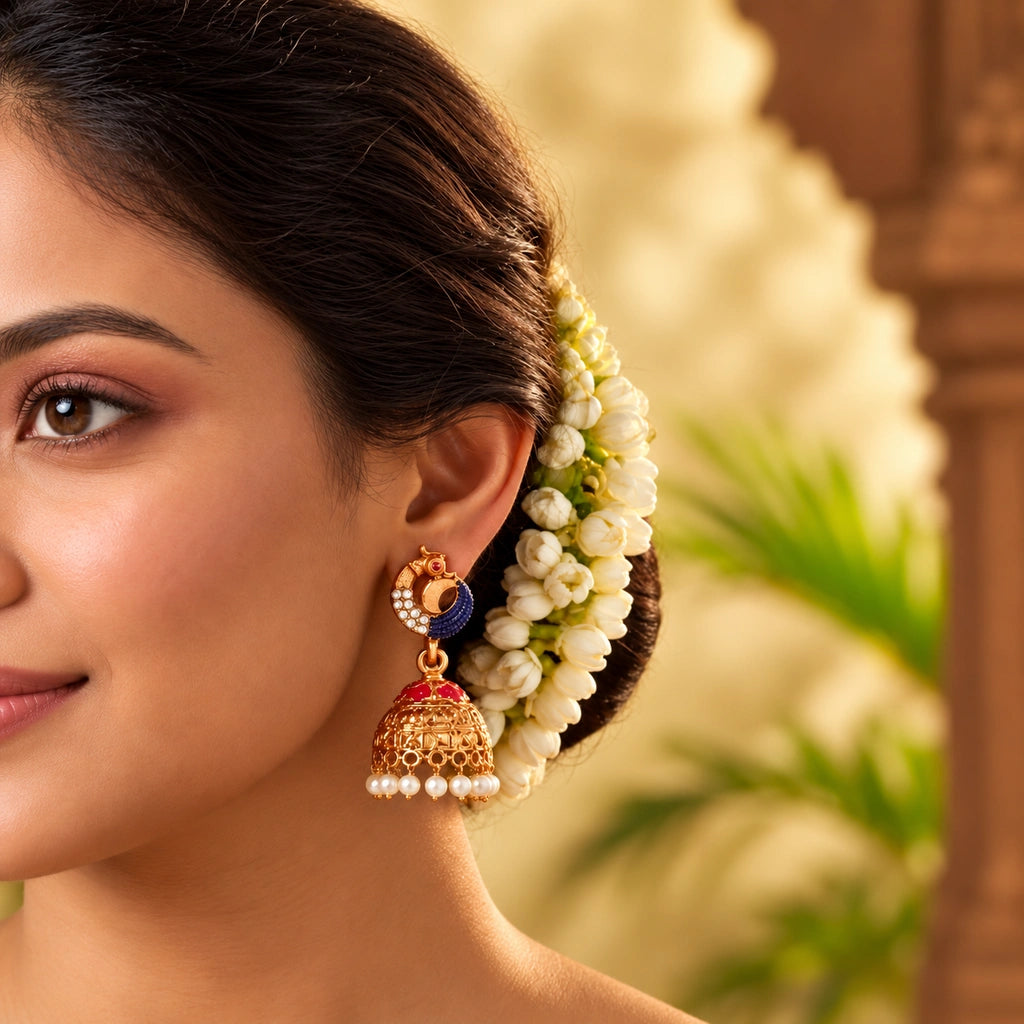 Lakshmi Temple Pendant Necklace Set with Peacock Details & Jhumka Earrings