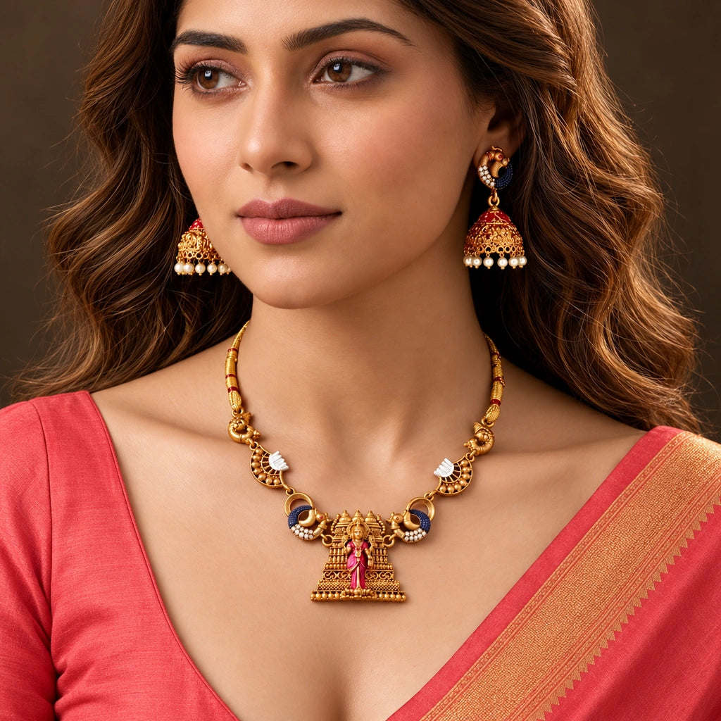 Lakshmi Temple Pendant Necklace Set with Peacock Details & Jhumka Earrings