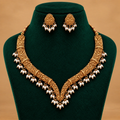 Antique Floral Gold-Tone Necklace Set with Pearl Drops & Matching Earrings