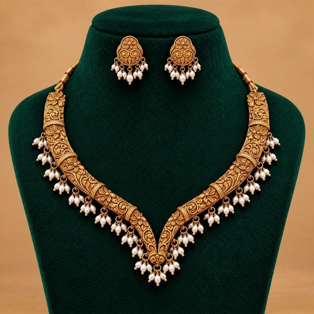 Antique Floral Gold-Tone Necklace Set with Pearl Drops & Matching Earrings