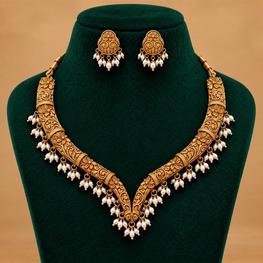 Antique Floral Gold-Tone Necklace Set with Pearl Drops & Matching Earrings