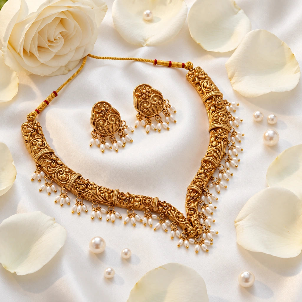 Antique Floral Gold-Tone Necklace Set with Pearl Drops & Matching Earrings