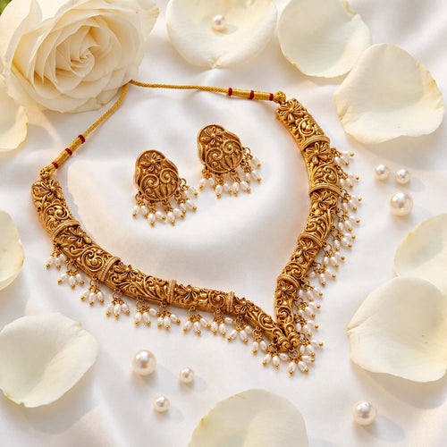 Antique Floral Gold-Tone Necklace Set with Pearl Drops & Matching Earrings