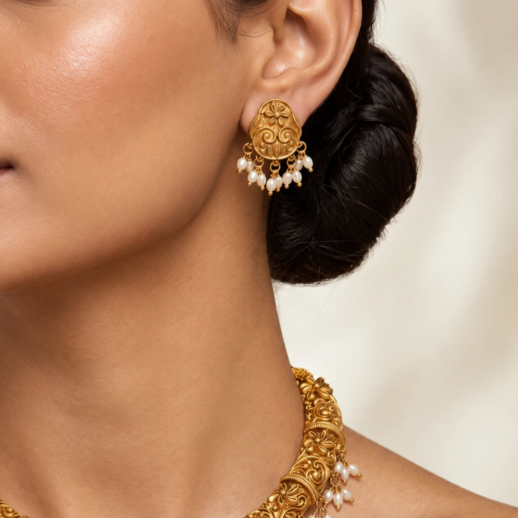 Antique Floral Gold-Tone Necklace Set with Pearl Drops & Matching Earrings