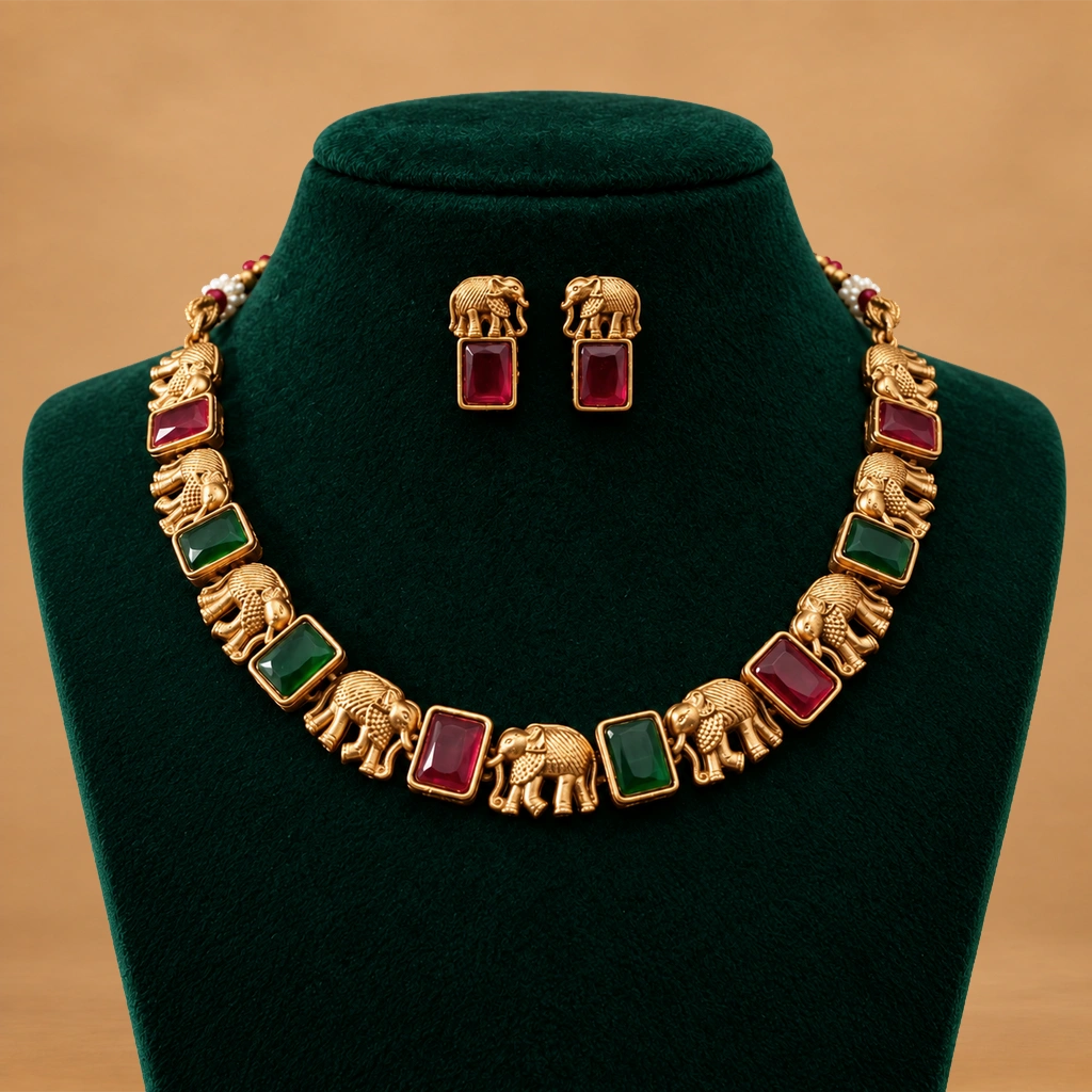 Royal Elephant Motif Multicolor Stone Necklace Set