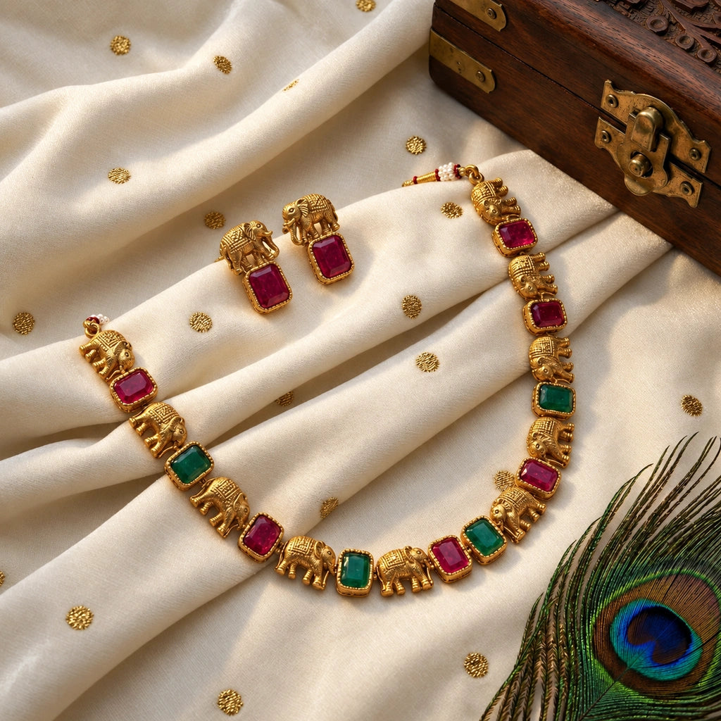 Royal Elephant Motif Multicolor Stone Necklace Set