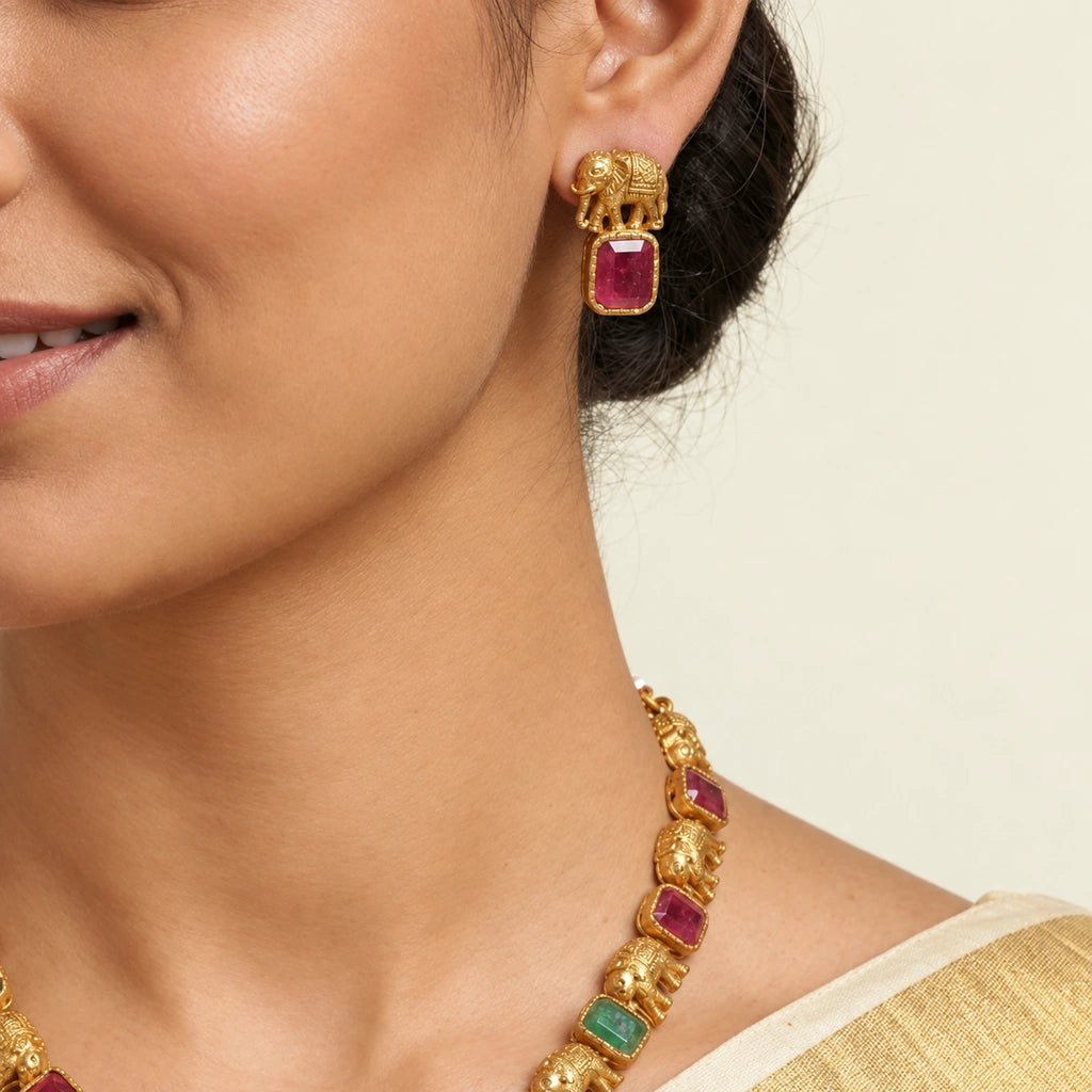 Royal Elephant Motif Multicolor Stone Necklace Set