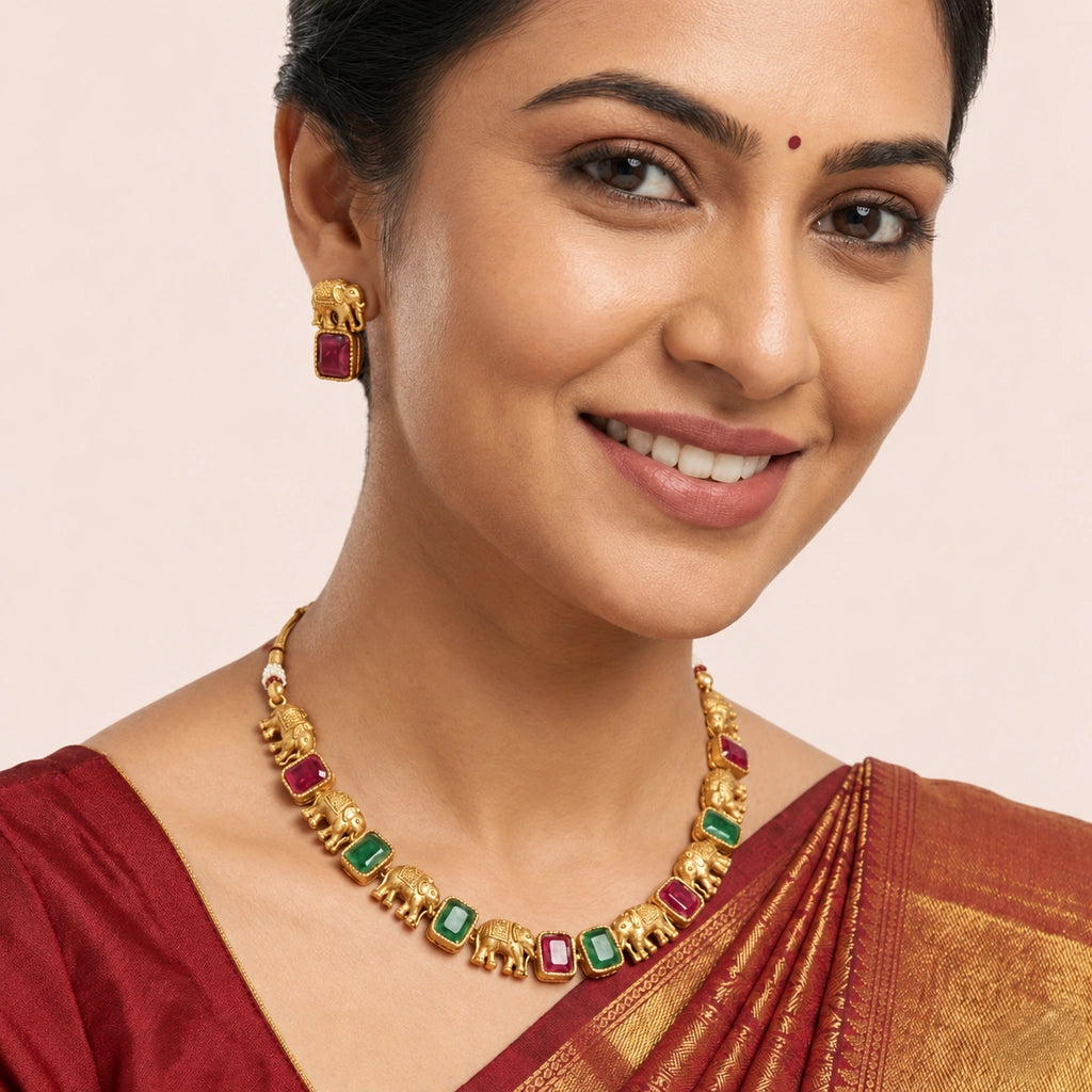 Royal Elephant Motif Multicolor Stone Necklace Set