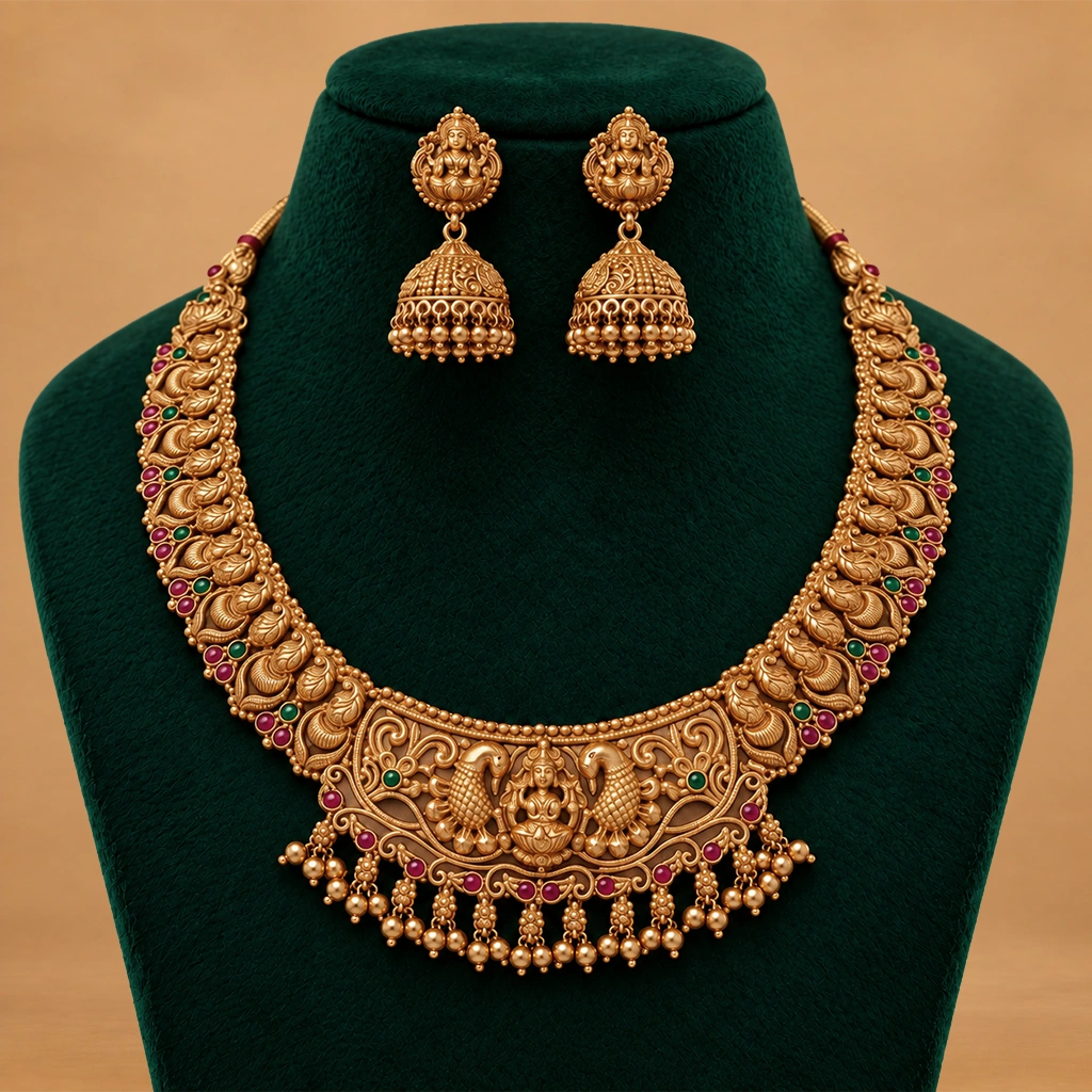 Divine Lakshmi Peacock Nakshi Necklace Set with Matching Jhumka Earrings