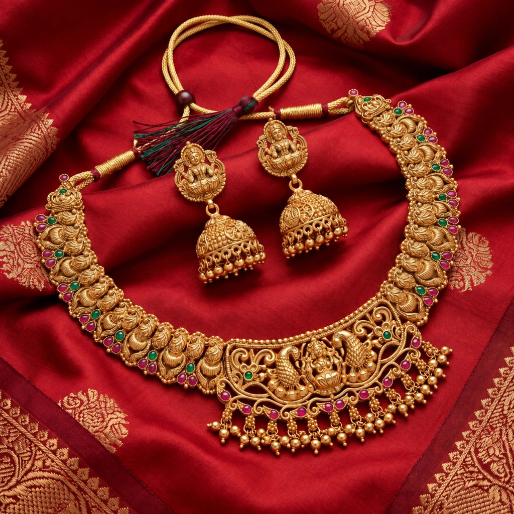 Divine Lakshmi Peacock Nakshi Necklace Set with Matching Jhumka Earrings