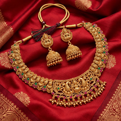 Divine Lakshmi Peacock Nakshi Necklace Set with Matching Jhumka Earrings