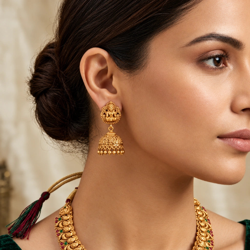 Divine Lakshmi Peacock Nakshi Necklace Set with Matching Jhumka Earrings