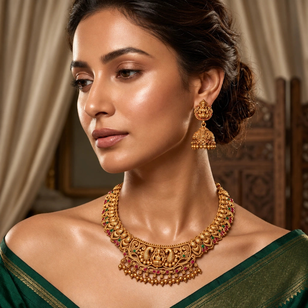 Divine Lakshmi Peacock Nakshi Necklace Set with Matching Jhumka Earrings