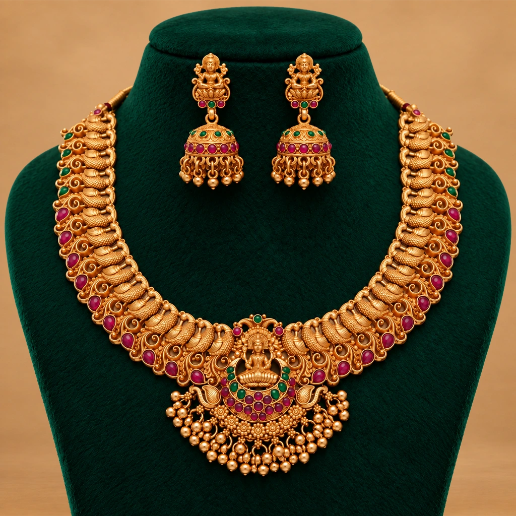 Divine Lakshmi Temple Necklace Set with Ruby-Green Accents & Matching Jhumka Earrings