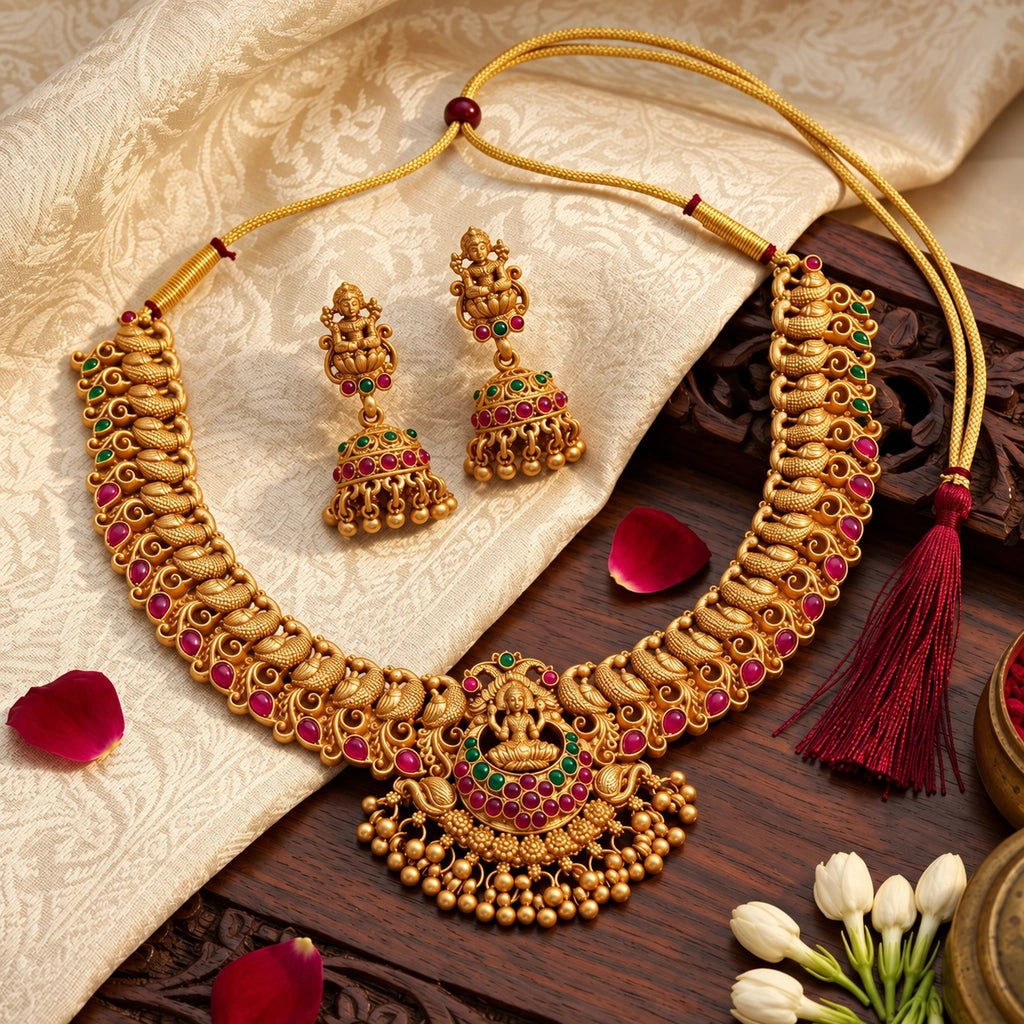 Divine Lakshmi Temple Necklace Set with Ruby-Green Accents & Matching Jhumka Earrings