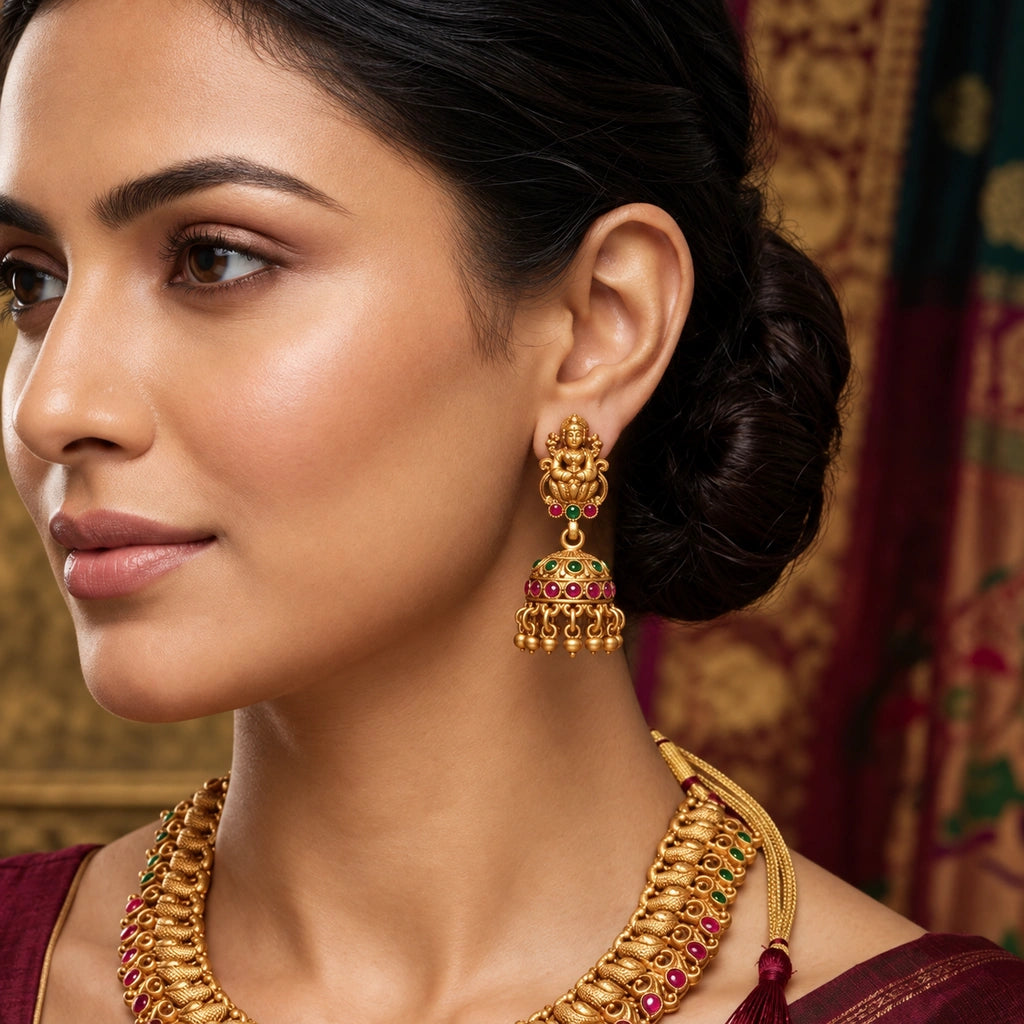 Divine Lakshmi Temple Necklace Set with Ruby-Green Accents & Matching Jhumka Earrings