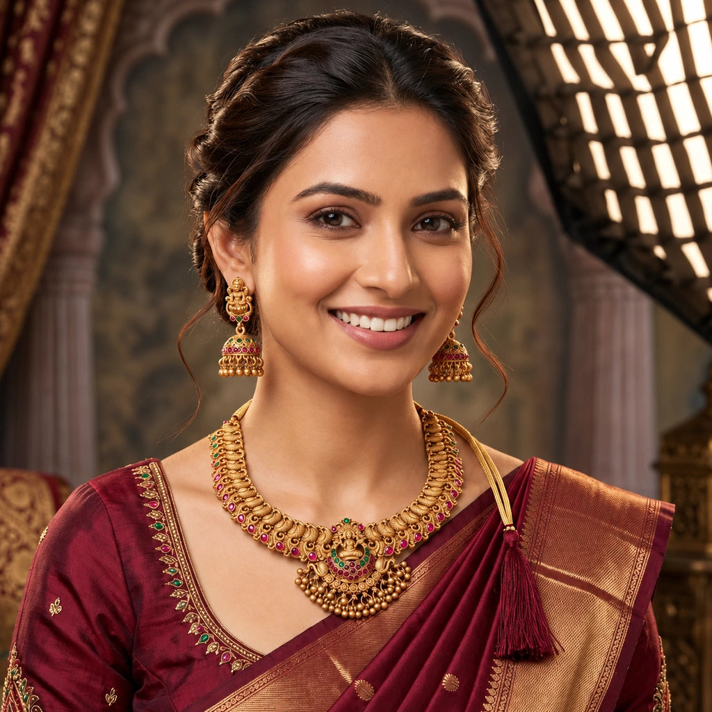Divine Lakshmi Temple Necklace Set with Ruby-Green Accents & Matching Jhumka Earrings