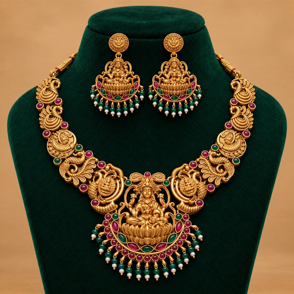 Divine Lakshmi Temple Necklace Set with Multicolour Beaded Accents & Matching Earrings