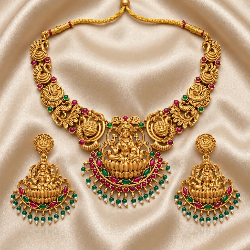 Divine Lakshmi Temple Necklace Set with Multicolour Beaded Accents & Matching Earrings