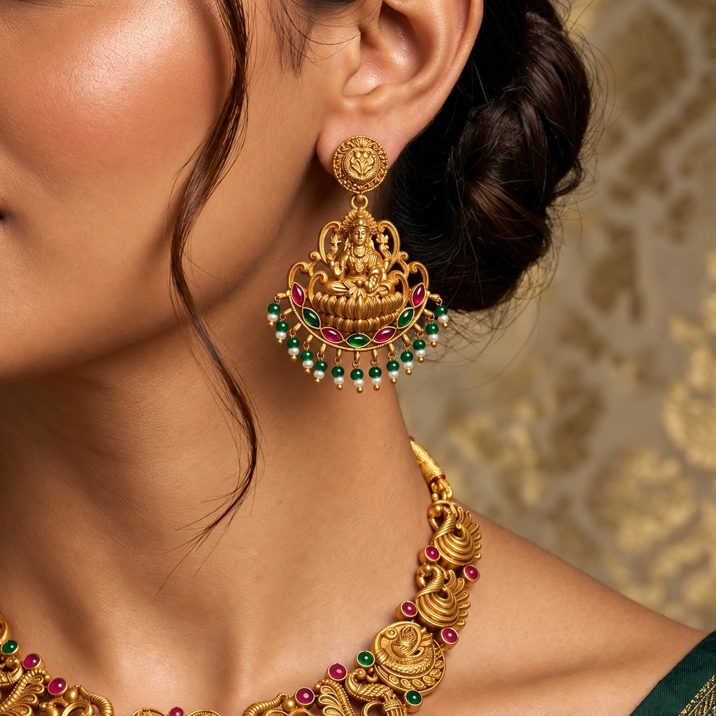 Divine Lakshmi Temple Necklace Set with Multicolour Beaded Accents & Matching Earrings