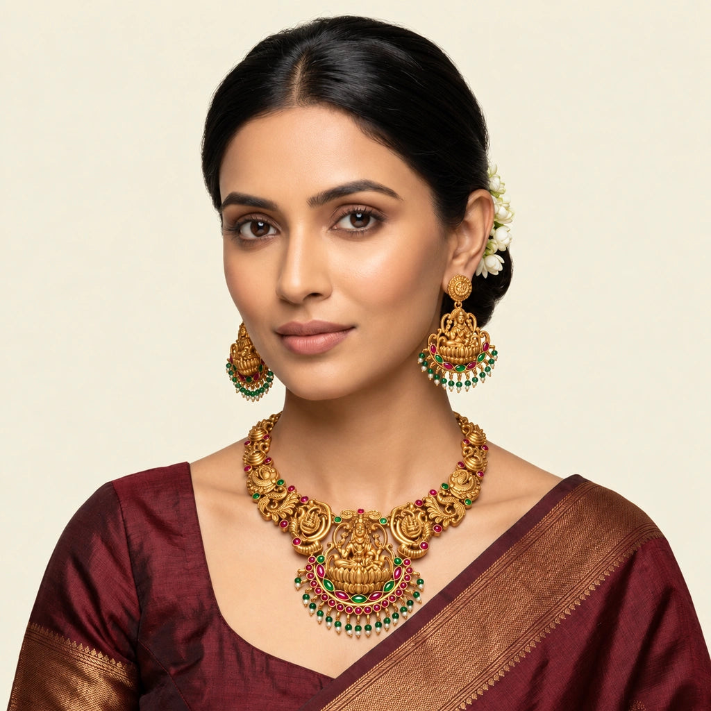 Divine Lakshmi Temple Necklace Set with Multicolour Beaded Accents & Matching Earrings