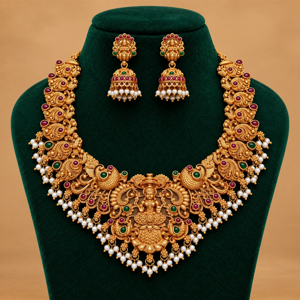Lakshmi Devi Temple Necklace Set with Ruby Accents & Pearl Drops