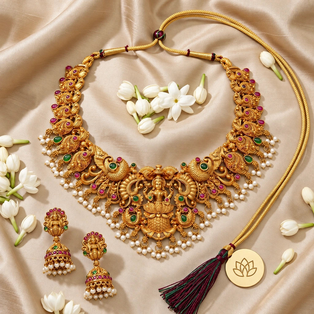 Lakshmi Devi Temple Necklace Set with Ruby Accents & Pearl Drops