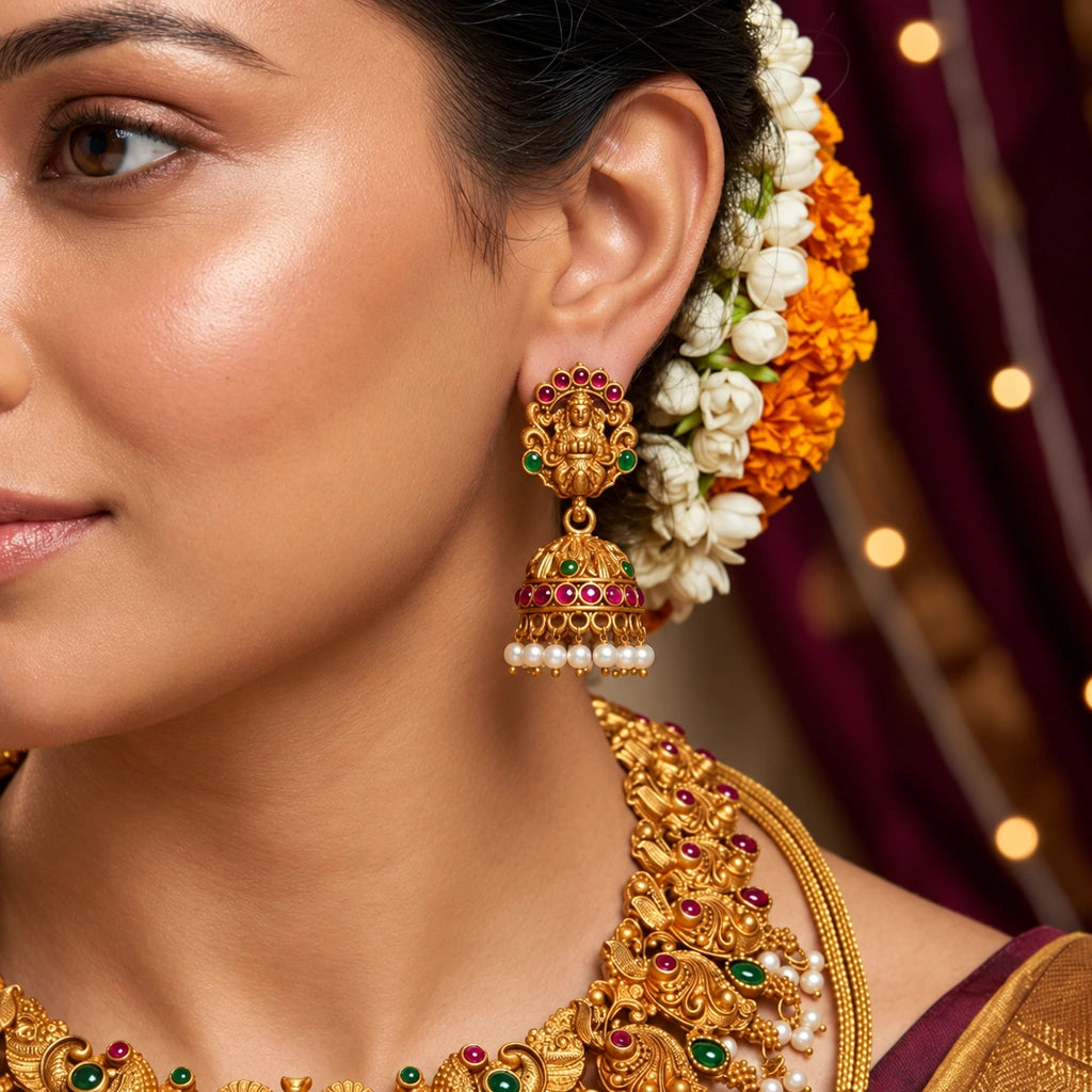 Lakshmi Devi Temple Necklace Set with Ruby Accents & Pearl Drops