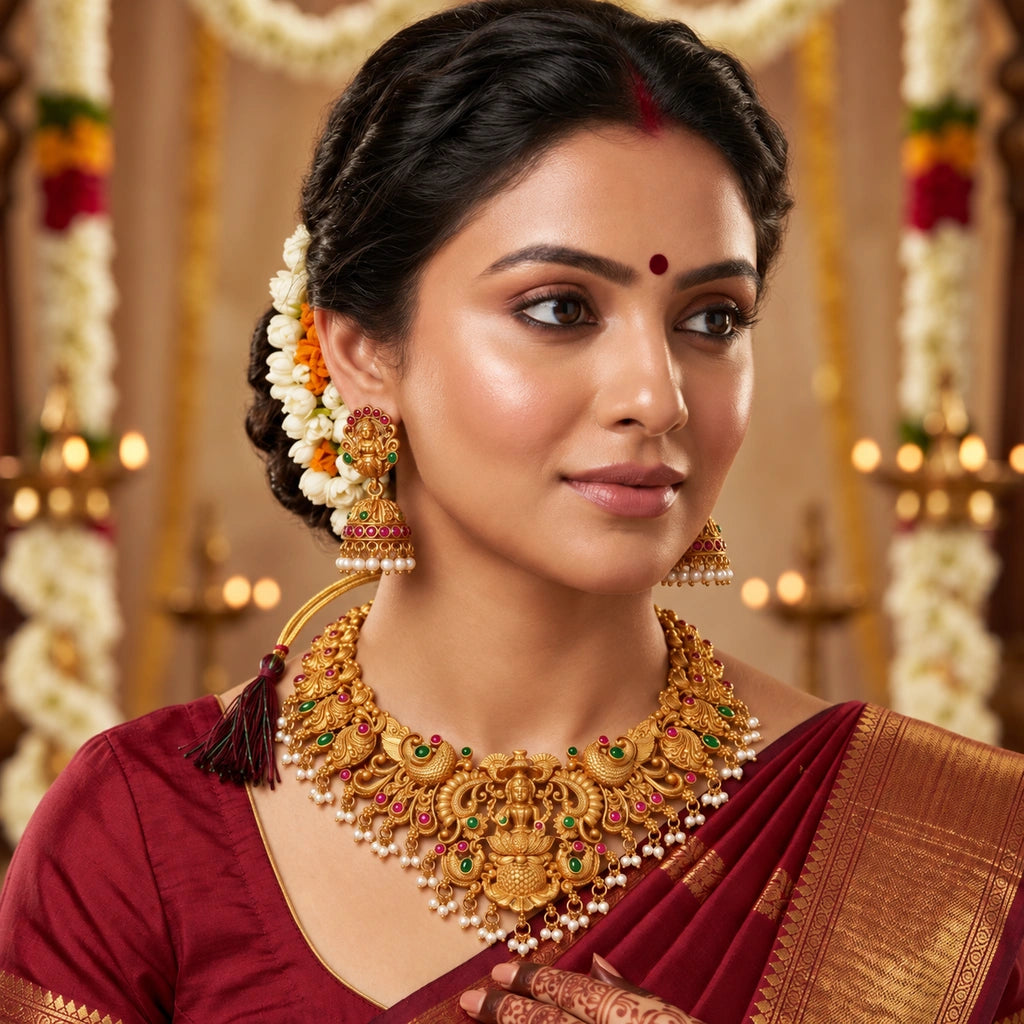 Lakshmi Devi Temple Necklace Set with Ruby Accents & Pearl Drops