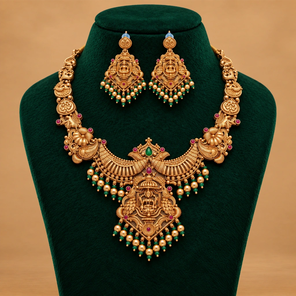 Divine Lakshmi Temple Necklace Set with Green & Ruby Accents and Pearl Drops