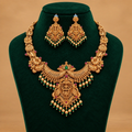 Divine Lakshmi Temple Necklace Set with Green & Ruby Accents and Pearl Drops