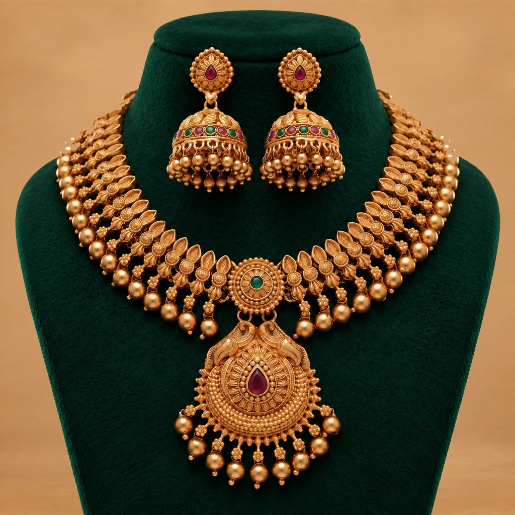 Antique Gold Leaf Motif Necklace Set with Ruby & Emerald Stones