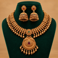 Antique Gold Leaf Motif Necklace Set with Ruby & Emerald Stones