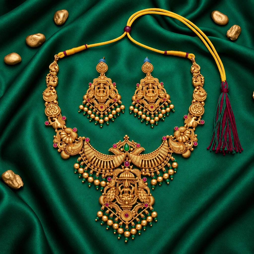 Divine Lakshmi Temple Necklace Set with Green & Ruby Accents and Pearl Drops