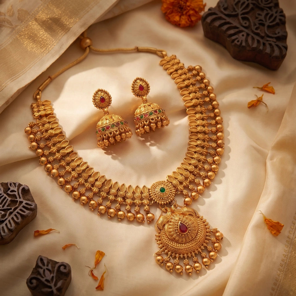 Antique Gold Leaf Motif Necklace Set with Ruby & Emerald Stones