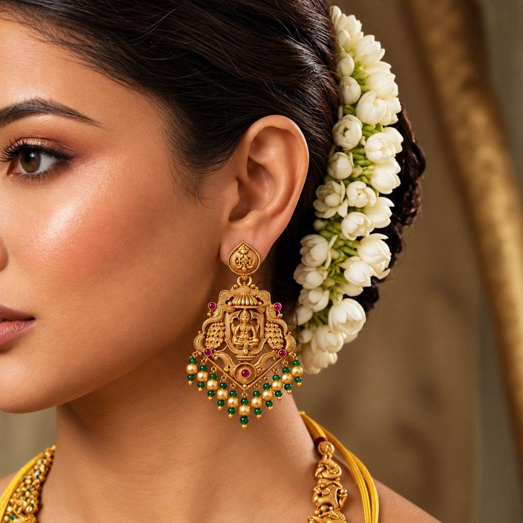 Divine Lakshmi Temple Necklace Set with Green & Ruby Accents and Pearl Drops