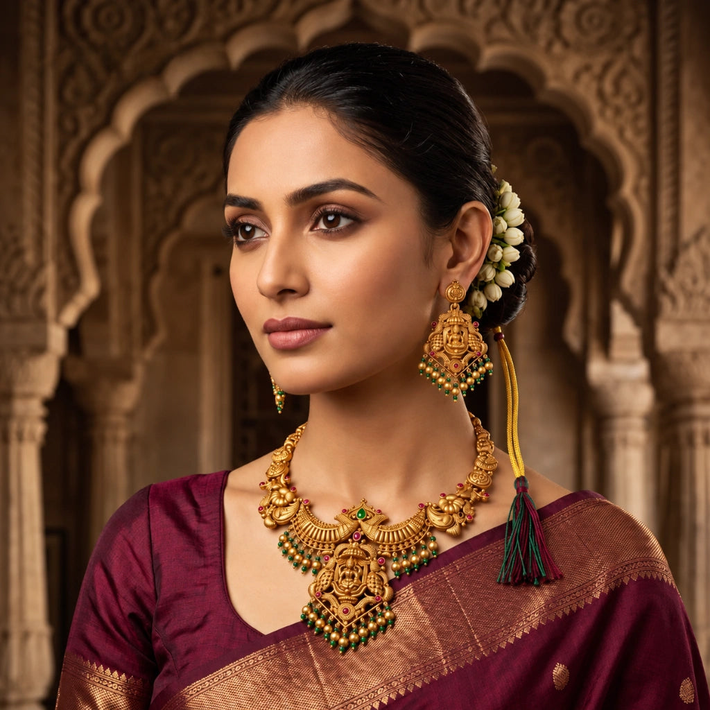 Divine Lakshmi Temple Necklace Set with Green & Ruby Accents and Pearl Drops