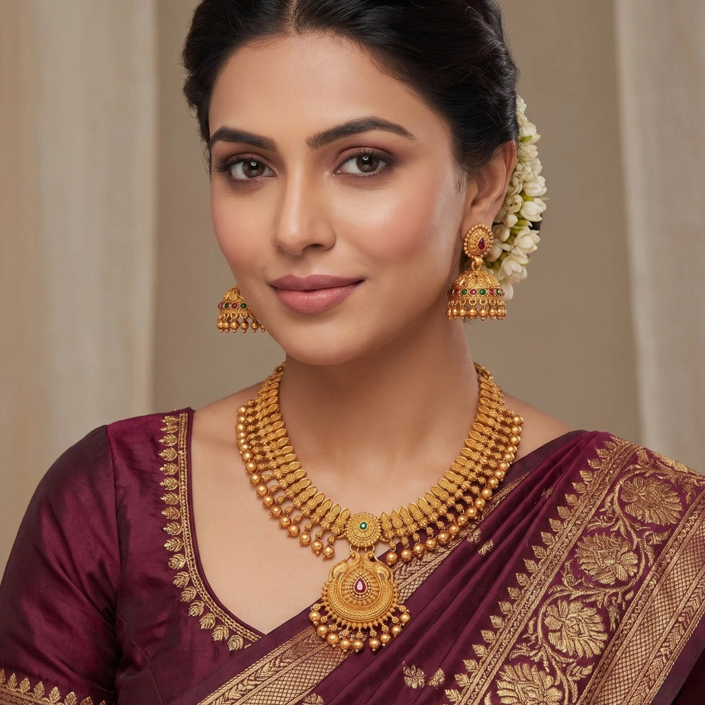 Antique Gold Leaf Motif Necklace Set with Ruby & Emerald Stones