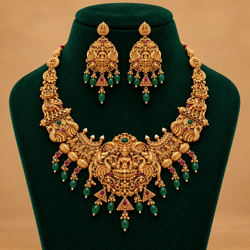 Divine Lakshmi Peacock Temple Necklace Set with Green & Ruby Accents