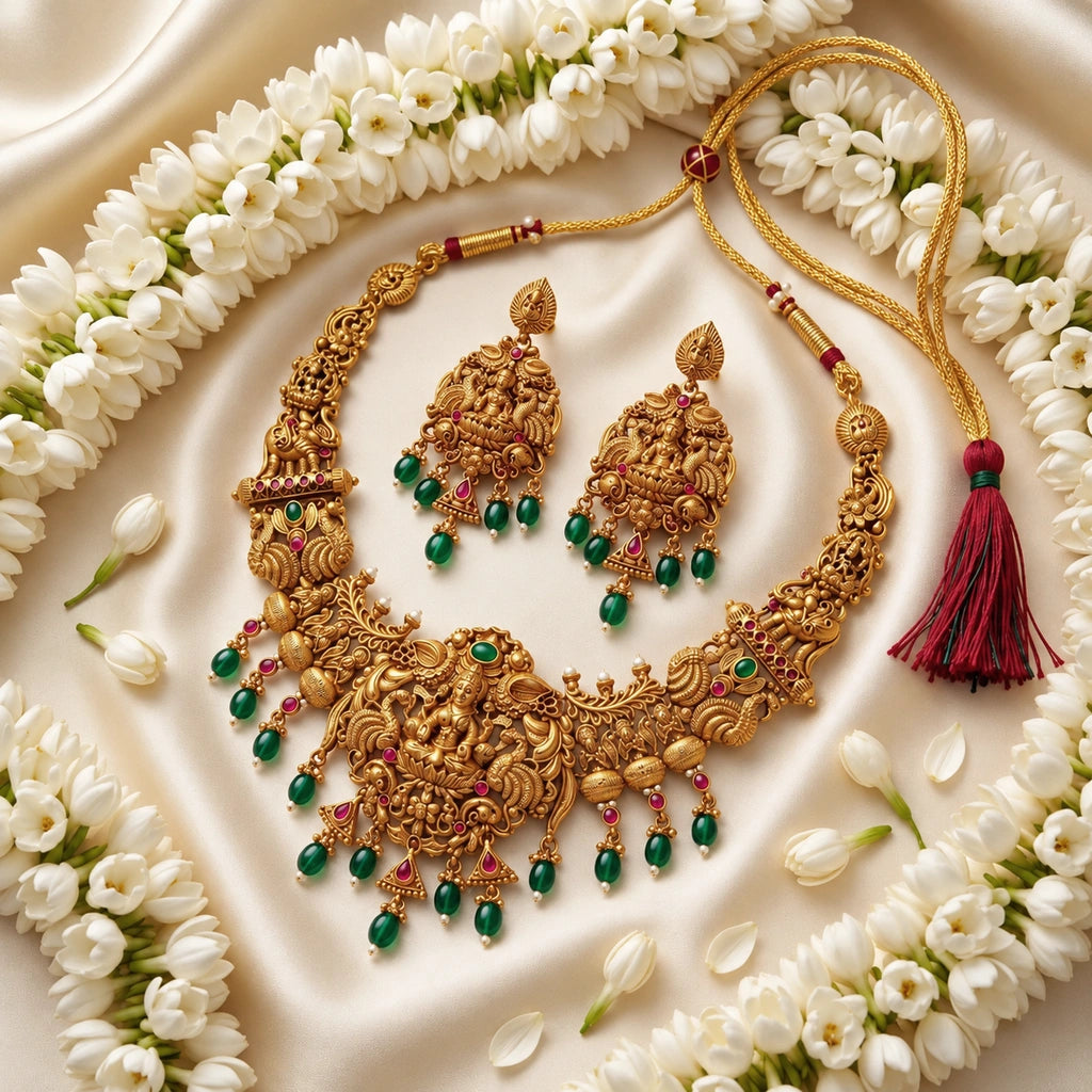 Divine Lakshmi Peacock Temple Necklace Set with Green & Ruby Accents