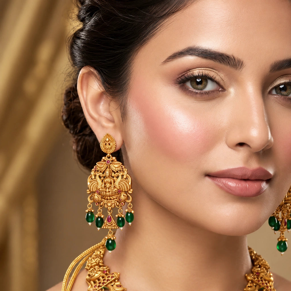 Divine Lakshmi Peacock Temple Necklace Set with Green & Ruby Accents