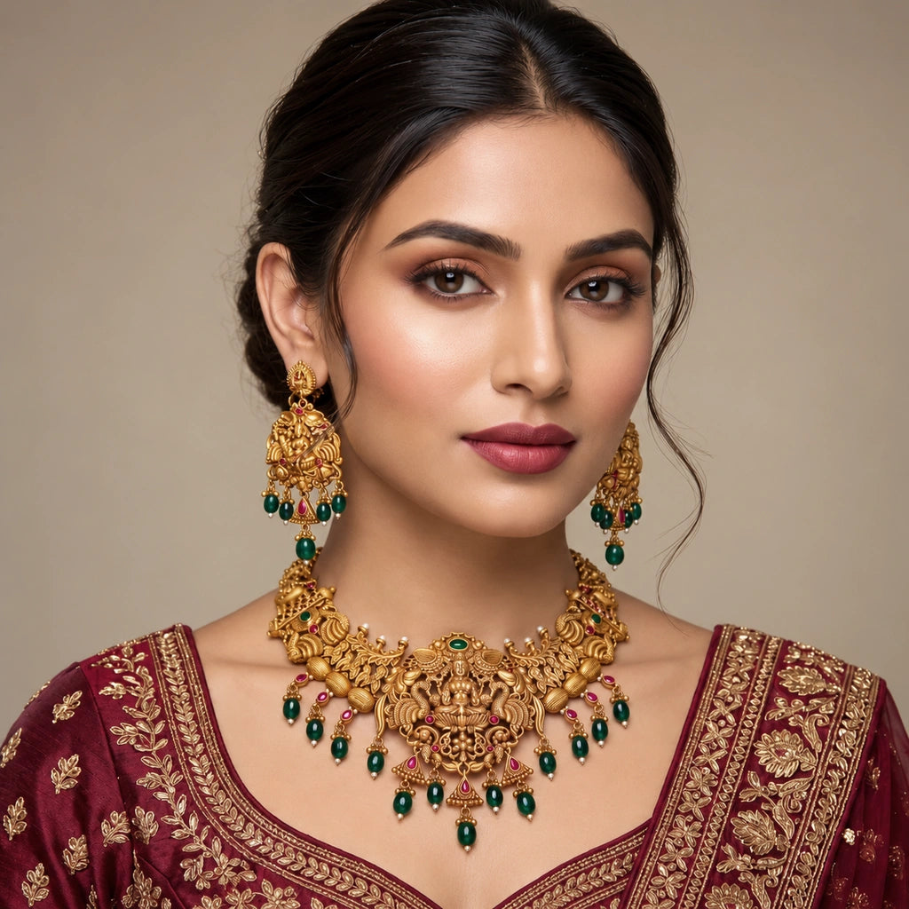 Divine Lakshmi Peacock Temple Necklace Set with Green & Ruby Accents